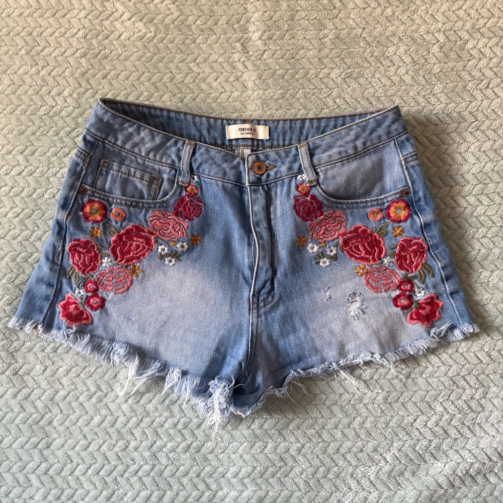 Forever 21 Blue Jean Cutoff Shorts with Red Floral Embroidery Y2K Festival Boho